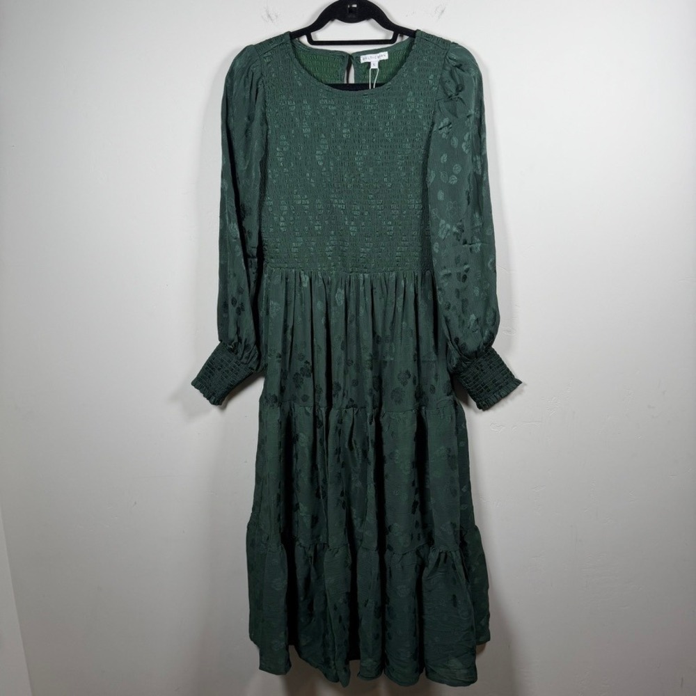 Baltic Born Stockholm Smocked Dress Tiered Floral Burnout Maxi Green Holiday